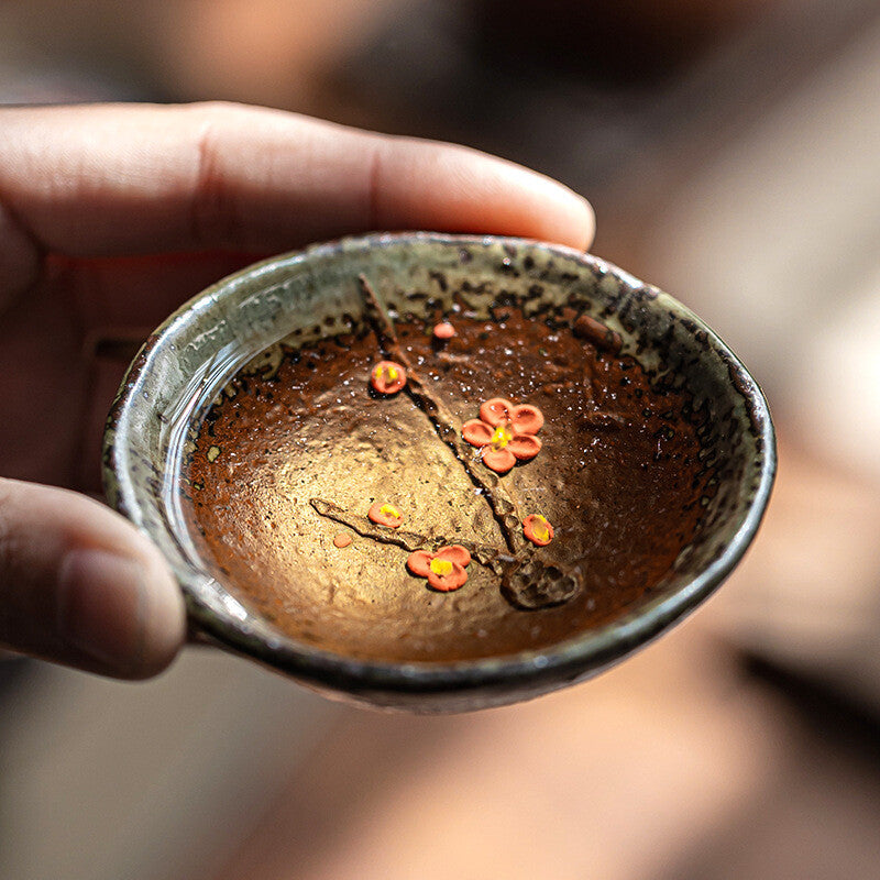 35ml Handmade Tea Cup Antique Style Kungfu Tea Cup Ceramic Crude Potery Floral