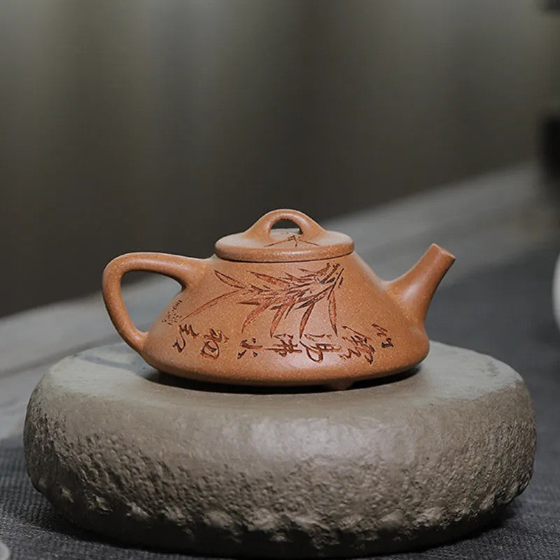 Chinese Yixing Purple Clay Handmade Triangular Shape Tea Pot Hand-carved