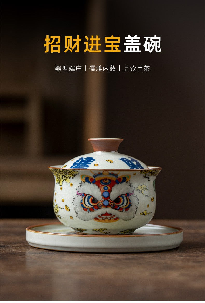 Ru Kiln Lion Awakening Three Cai Gaiwan Teacup Kung Fu Ceramic Tea Set