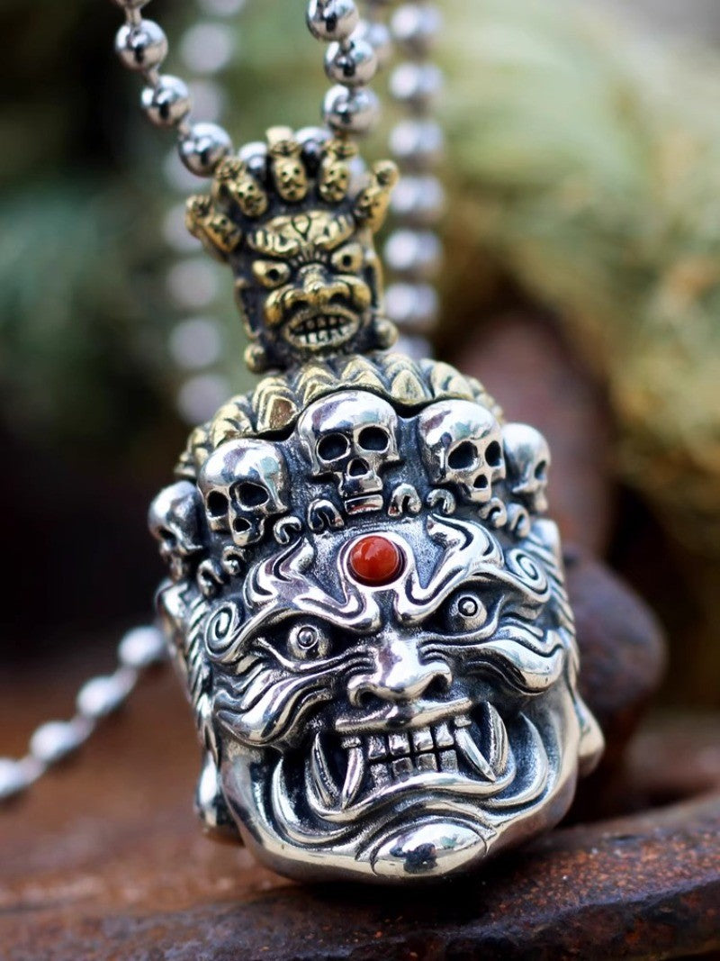 S925 Mahakala Avalokiteshvara Pendant Buddhist Protector Deity Skull Amulet