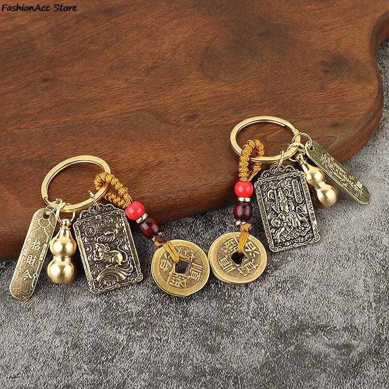 Chinese Style Zodiac Brass Gourd Five Emperors Money Keychain Metal Fengshui