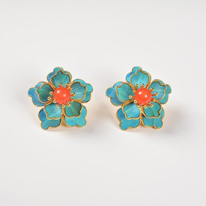 Handmade Cloisonne Peony Flower Stud Earrings Vintage Chinese Style Jewelry
