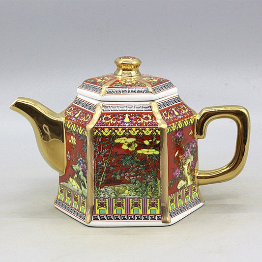 6.5" Collect Chinese Qing Colour Enamels Porcelain Gild Flower Six Sides Teapot