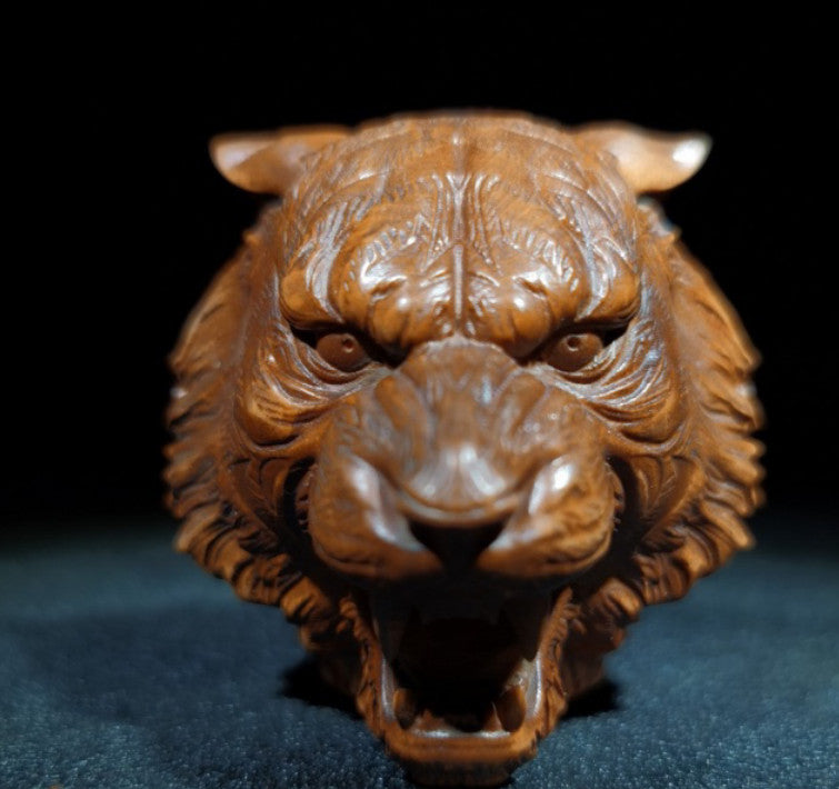 Old Chinese Boxwood Wood Hand Carving Carved Tiger head Statues