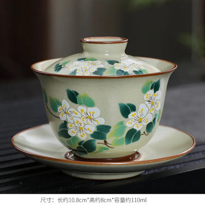 Handmade Ceramic Gaiwan Chinese Teacup Hand-painted Flower Porcelain Tea Cup