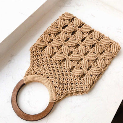 Woven Bag Hollow Beach Purse Wooden Handle Ring Straw Handbag Tote Flap Cotton