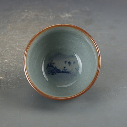 3.2" Chinese Jindezhen Blue-and-white Porcelain Mountain Water House Cup