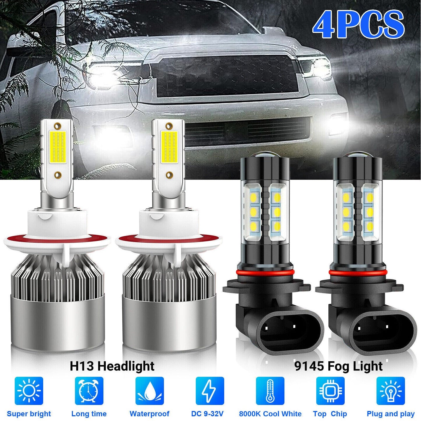 4 Bulbs Cambo kit Fog Light + 8000K LED Headlight Hi/Lo For 2004-2014 Ford F-150