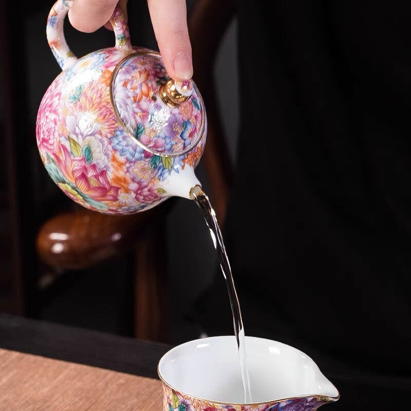 Fat Mutton Jade Porcelain Tea Pot Ball Shaped Infuser Tea Cup Saucer Colorful