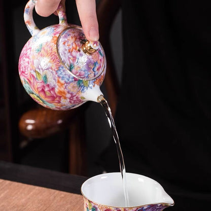 Fat Mutton Jade Porcelain Tea Pot Ball Shaped Infuser Tea Cup Saucer Colorful