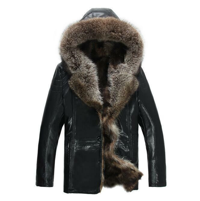 Mens Jacket Outwear Warm Winter Coat Hooded 100% Real Fur Leather Leisure Parkas