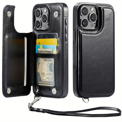 For iPhone 16/15/14/13/12/11 Pro Max Wallet Case with Card Holder Wrist Strap