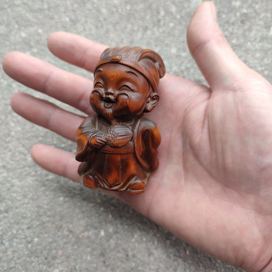 Wooden Christmas Statue Happy Zhuge Liang Figurine Boxwood Carving Children Gift