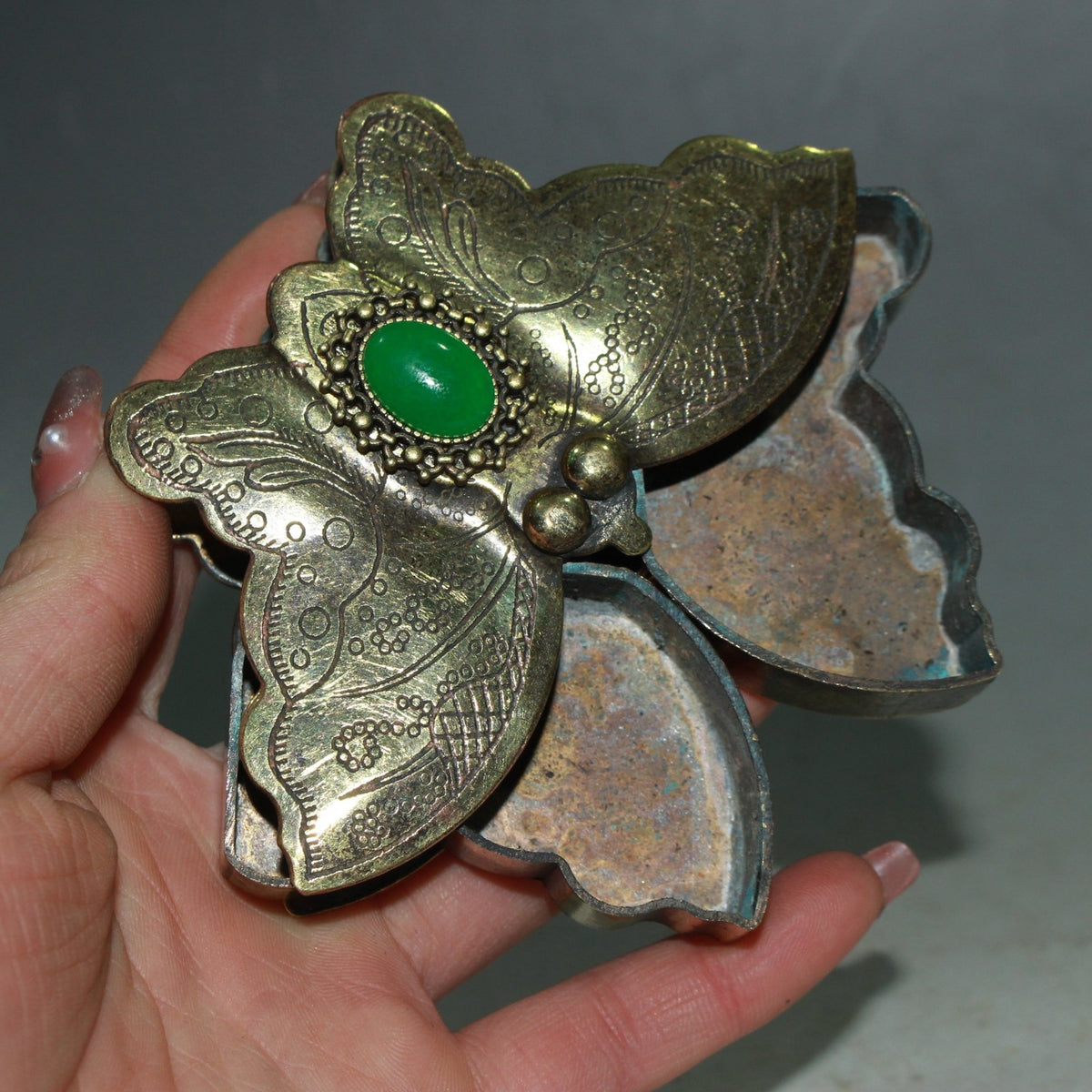 Vintage Copper Butterfly Ink Box 10cm Simulated Jade Inlay