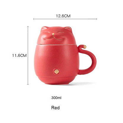 Embersceramic Lucky Cat Ceramic Tea Cup with Infuser Cute Cat Tea Mug with Lid