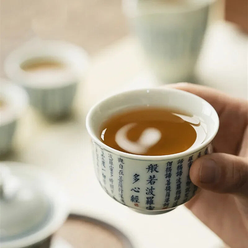 Chinese Jingdezhen Handmade Ceramic Teacup Hand Painted Heart Sutra Tea Bowl