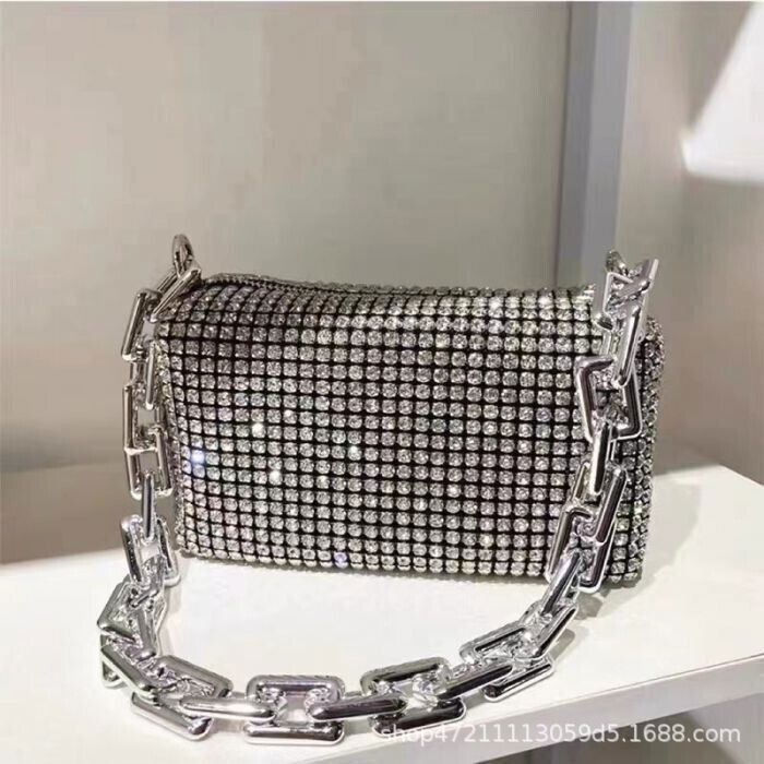 Woman' s Clutch With Thick Chain Handle Silver Full Crystal Jewelled Hand Bag