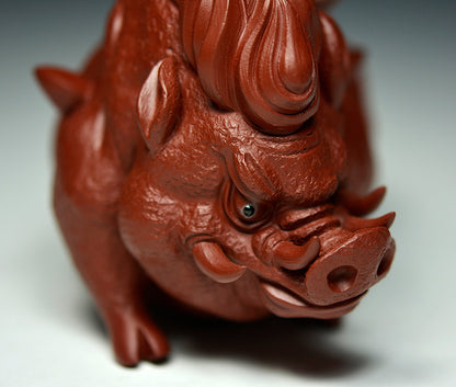 Full Handmade Tea Pet Wild Boar God Statue Real Yixing Zisha Dahongpao Clay Pig
