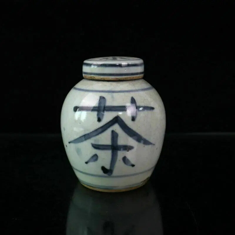 Chinese Old Porcelain Cracked Glaze Open Blue and White Tea Pattern Lid Jar