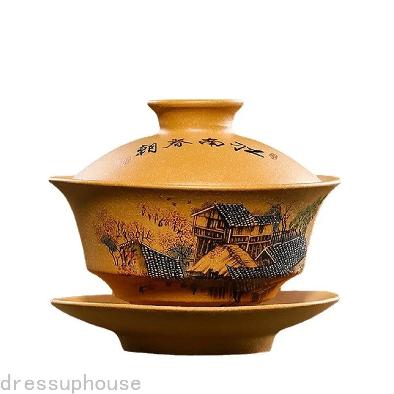 150ml Yixing Retro Landscape Hand-Painted Segment Mud Tea Set Handmade Gaiwan