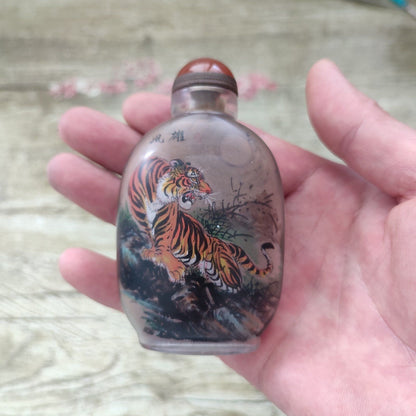 Vintage Chinese Glass Snuff Bottle With Inside Painting Tiger Rare Beautiful Art