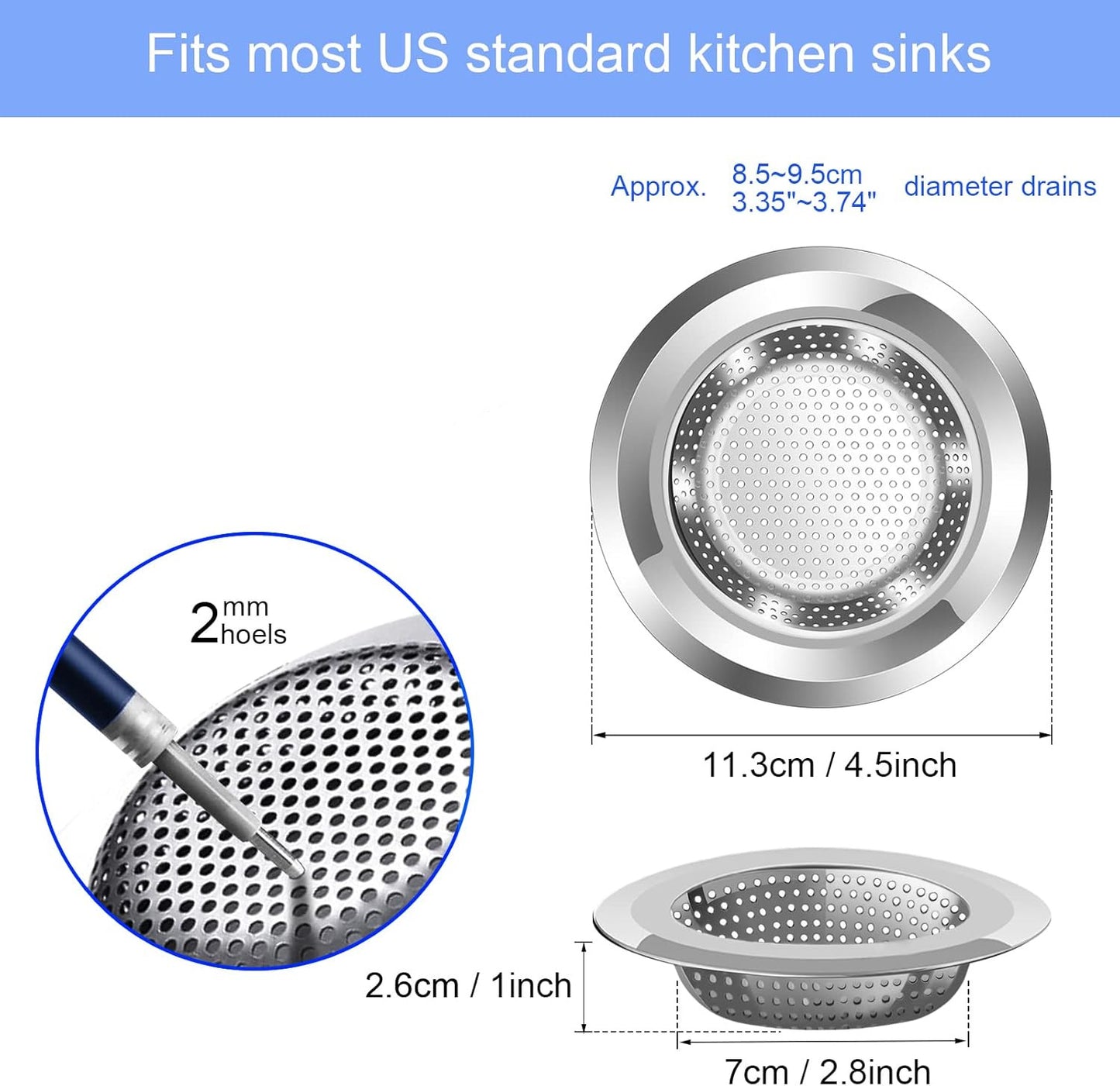 2PCS 4.5" Kitchen Bathroom Sink Strainer Stainless Steel Filter Drain Strainer