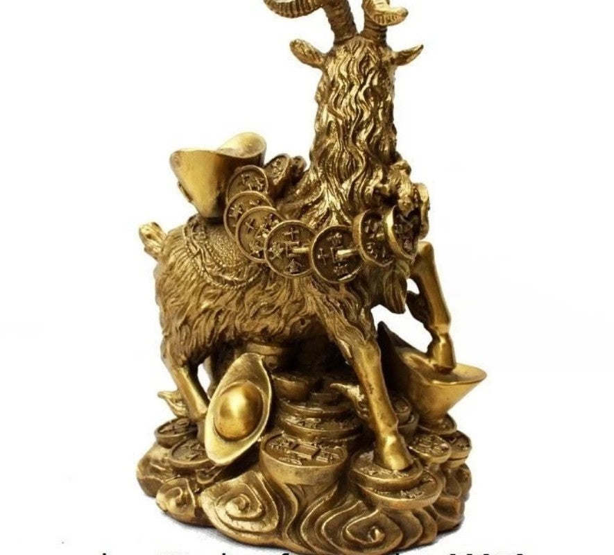 Chinese Brass Copper Auspicious Fengshui Wealth Money Yuanbao Sheep Goat Statue