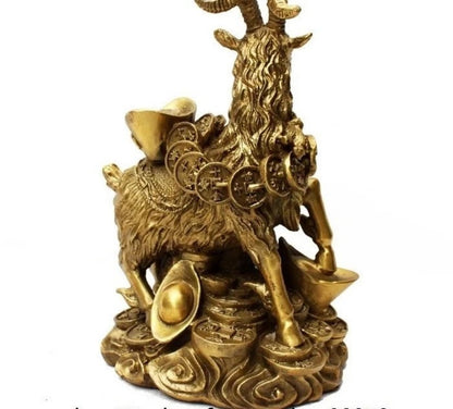 Chinese Brass Copper Auspicious Fengshui Wealth Money Yuanbao Sheep Goat Statue