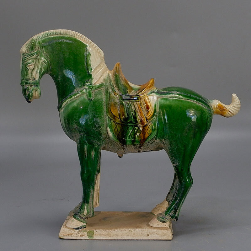 Chinese Tang Tri-Color Glazed Ceramics Green Porcelain Statue War Horse Model