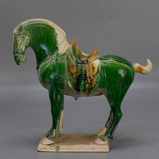 Chinese Tang Tri-Color Glazed Ceramics Green Porcelain Statue War Horse Model