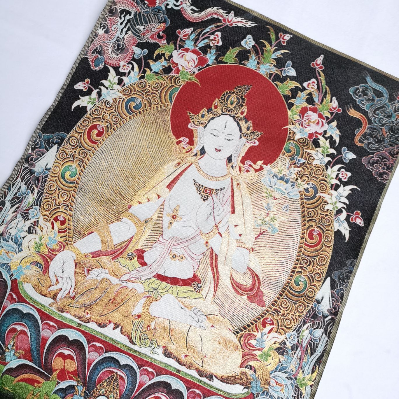 36" Tibet Tibetan Cloth Silk Buddhism Dragon Kwan-yin Tara Tangka Thangka Mural