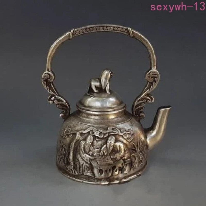 Chinese Miao Silver Carving Old Man Play Chess Animal Dog Statue Tea Wine Pot