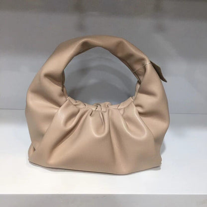 Small Mini Real Leather Ruched Tote Pouch bag Purse Clutch Clip on Top Handle