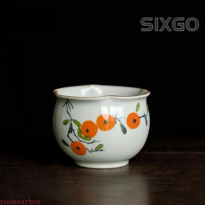 Hand Painted Persimmon Tea Cup Ceramic Teacup Flower Aesthetic Cups Tea Bowl