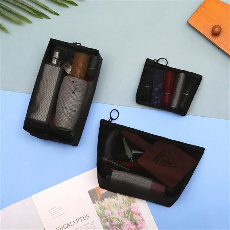 3pcs/set Zipper Toiletry Wash Bags Make Up Transparent Mesh Case Organizer Purse