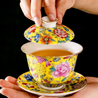 Tea Set Ceramic Gaiwan Floral Tea Cup Lid Saucer Tea Bowl Cup Chinese Porcelain