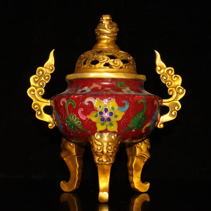 Old China Gold Plating on Brass Cloisonne Three Legs Incense Burner