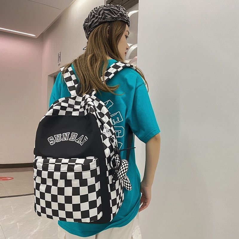 Letter Printing Women Backpack Nylon Travel Bag Fashion Plaid Schoolbag Bookbag