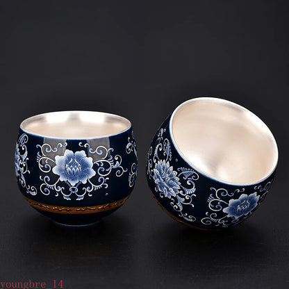 1PC Blue White Gilt Silver Teacup Handmade Ceramic Tea Cup Portable Tea Bowl
