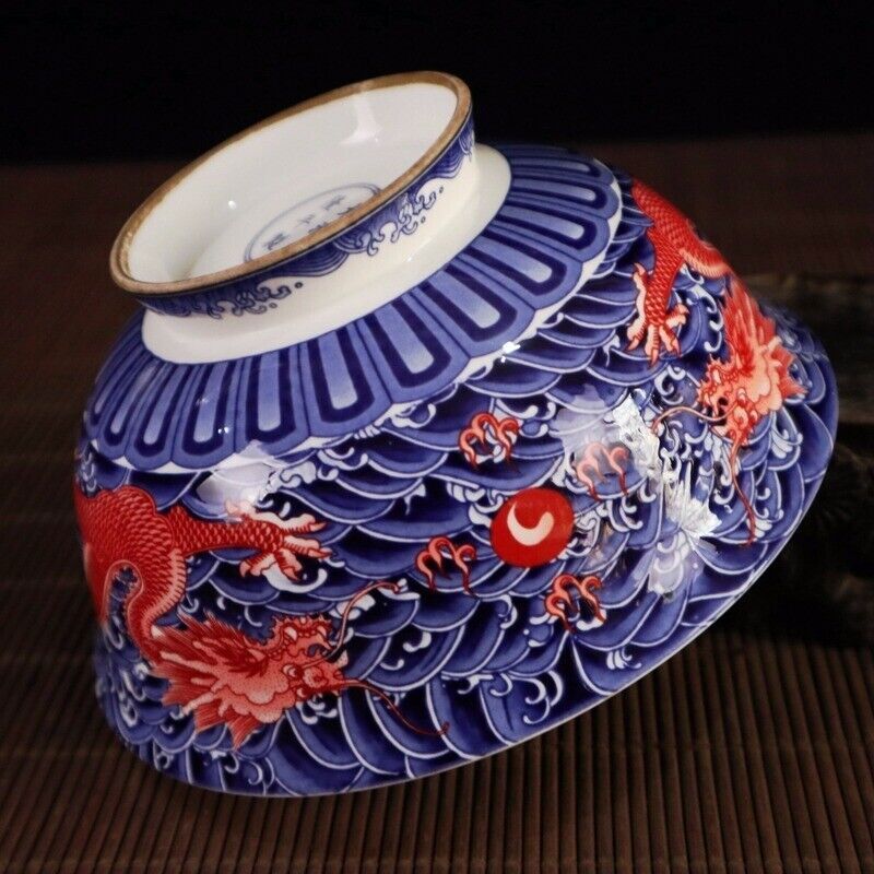 6.2" Chinese Blue and White Porcelain Red Glaze Two Dragon Grain Big Bowl