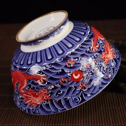 6.2" Chinese Blue and White Porcelain Red Glaze Two Dragon Grain Big Bowl