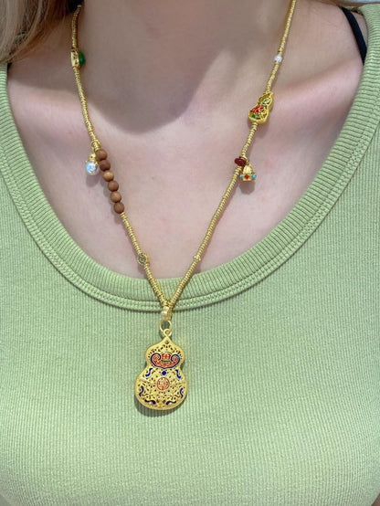 Vintage Cloisonné Gold Gourd Pendant - Chinese Lucky Enamel Sweater Chain
