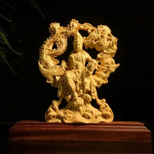 Chinese Guanyin Woodcarving Dragon and Phoenix Statue Solid Wood Carving