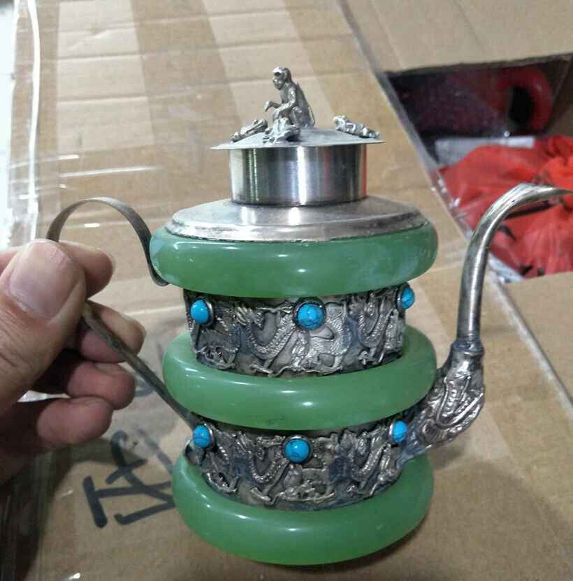 Old Chinese Tibetan-Silver Inlaid Jade Turquoise Dragon Teapot Collect