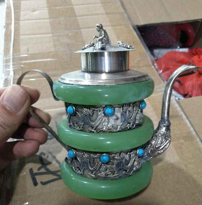 Old Chinese Tibetan-Silver Inlaid Jade Turquoise Dragon Teapot Collect