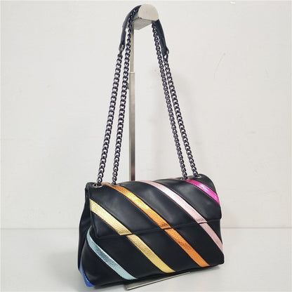 Rainbow Stitching Synthetic Handbag Metallic Chain Strap Crossbody Bag 27*9*17CM
