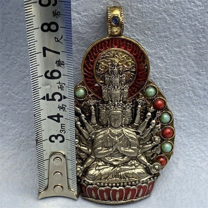 Vintage Nepalese Handicraft Thousand-Armed Guanyin Painted Pendant Collectible