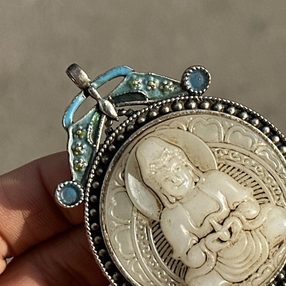 Vintage Guanyin Pendant Cloisonne Enamel Jade-like Amulet Charm