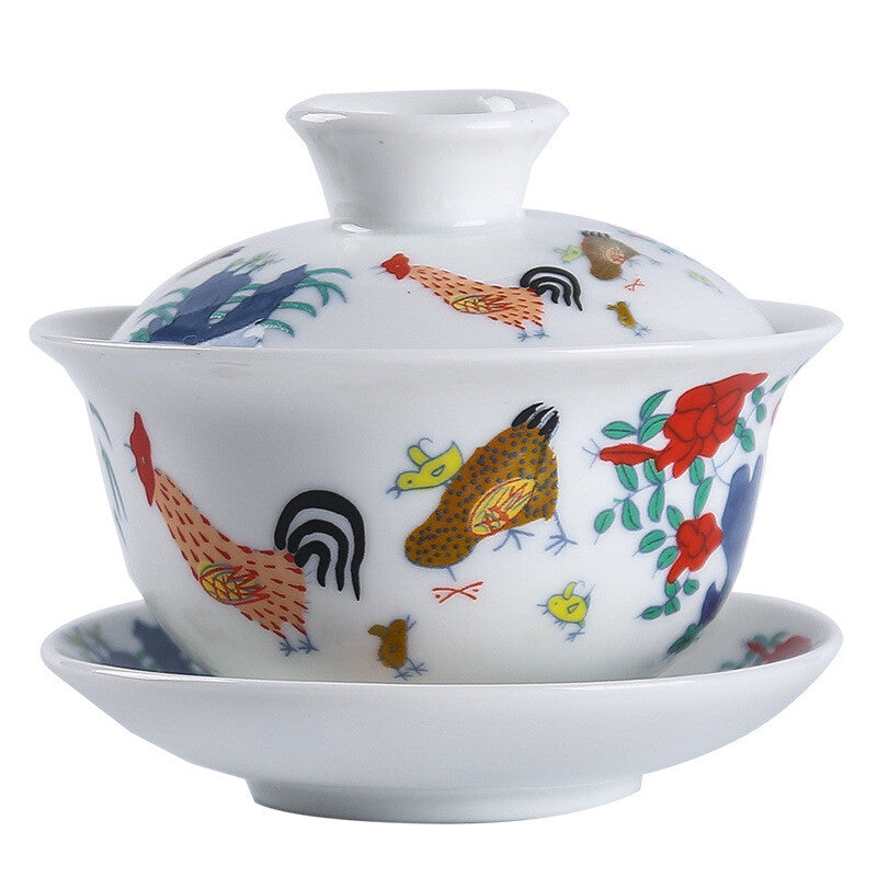 Chinese Doucai Porcelain Ming Chenghua Chicken Design Covered Cup Teacup