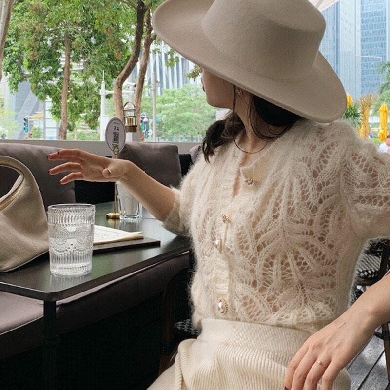 Women Sweater Autumn White Openwork Knitted Cardigan Mohair Coat Sweater